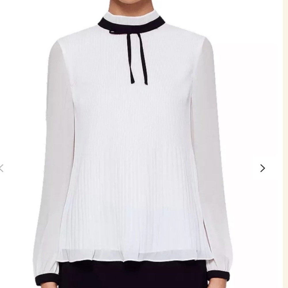 Ted Baker Niccki Pleated High Neck Bow Blouse White Black Small